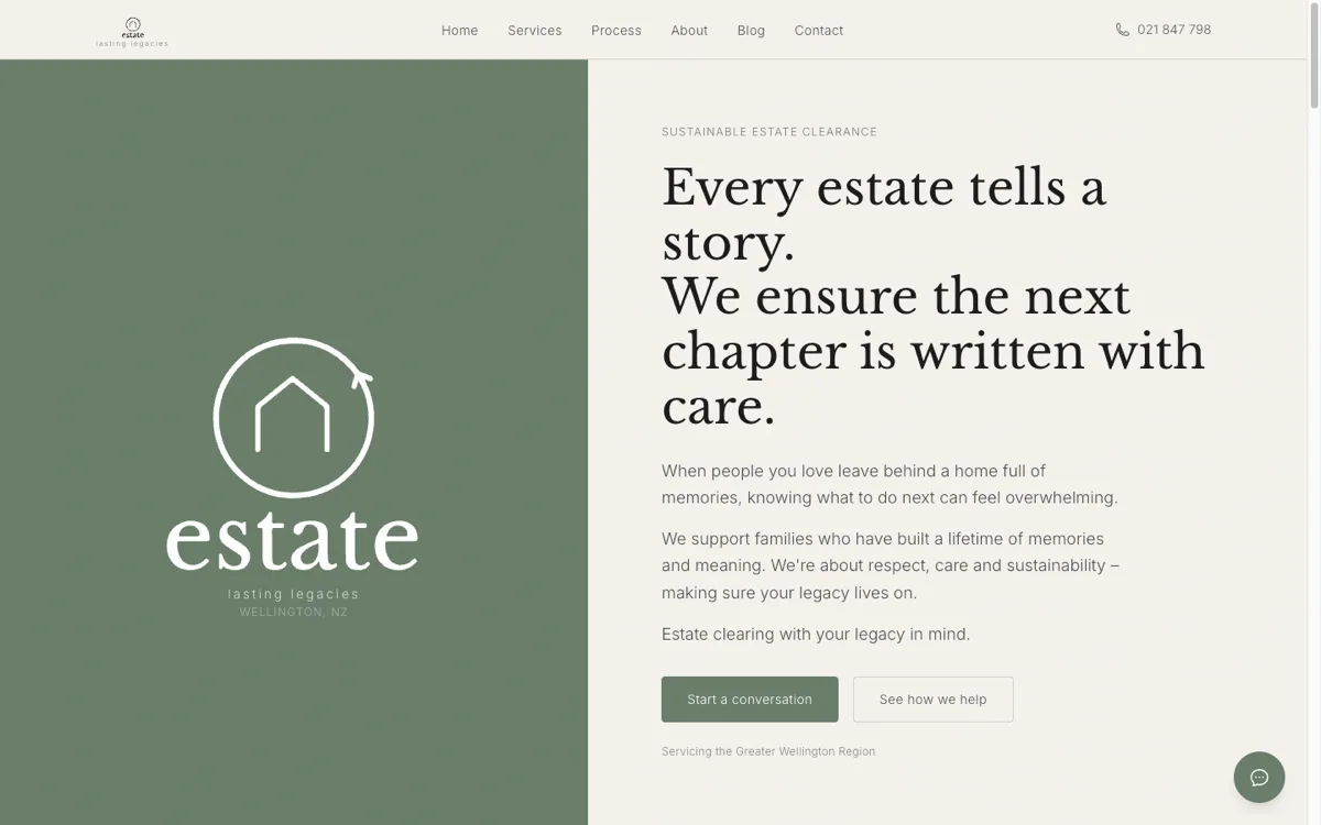 The Estate website for a sustainable estate clearance service in Wellington.