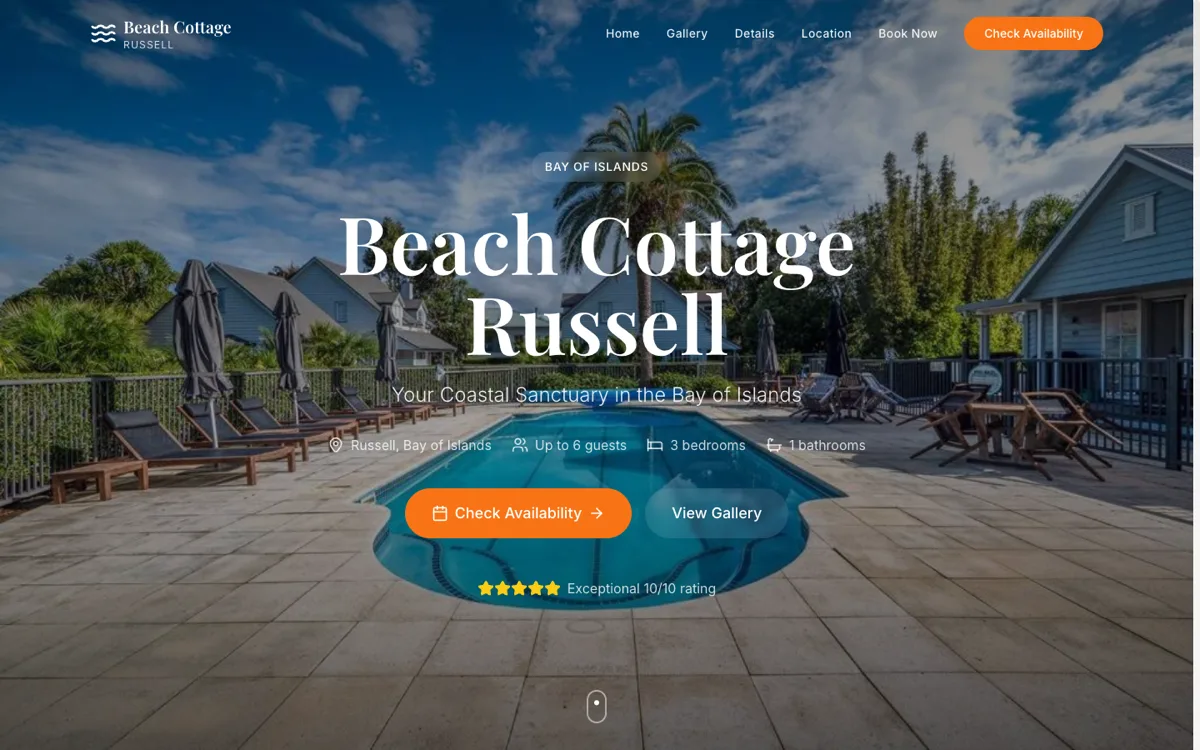 The Beach Cottage Russell website for a holiday home in the Bay of Islands.